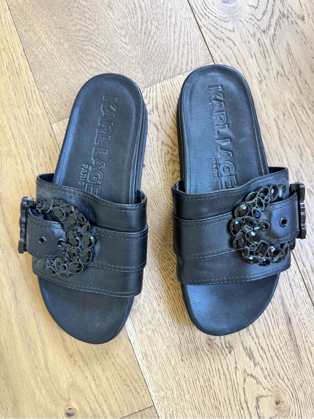 Karl Lagerfeld Black Leather Slide Sandals with Jeweled Buckles